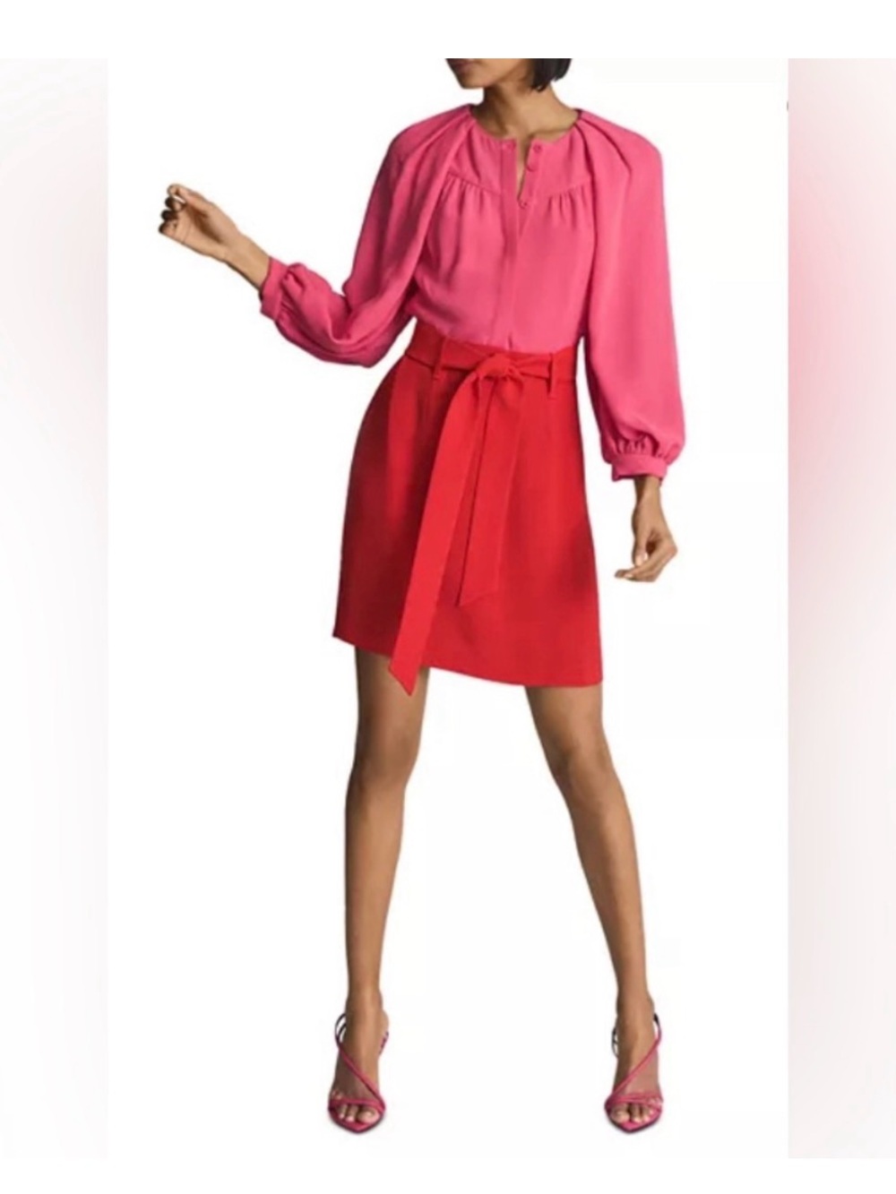 Reiss Two-Tone Pink and Red Long-Sleeve Belted Dress - Picture 3 of 7